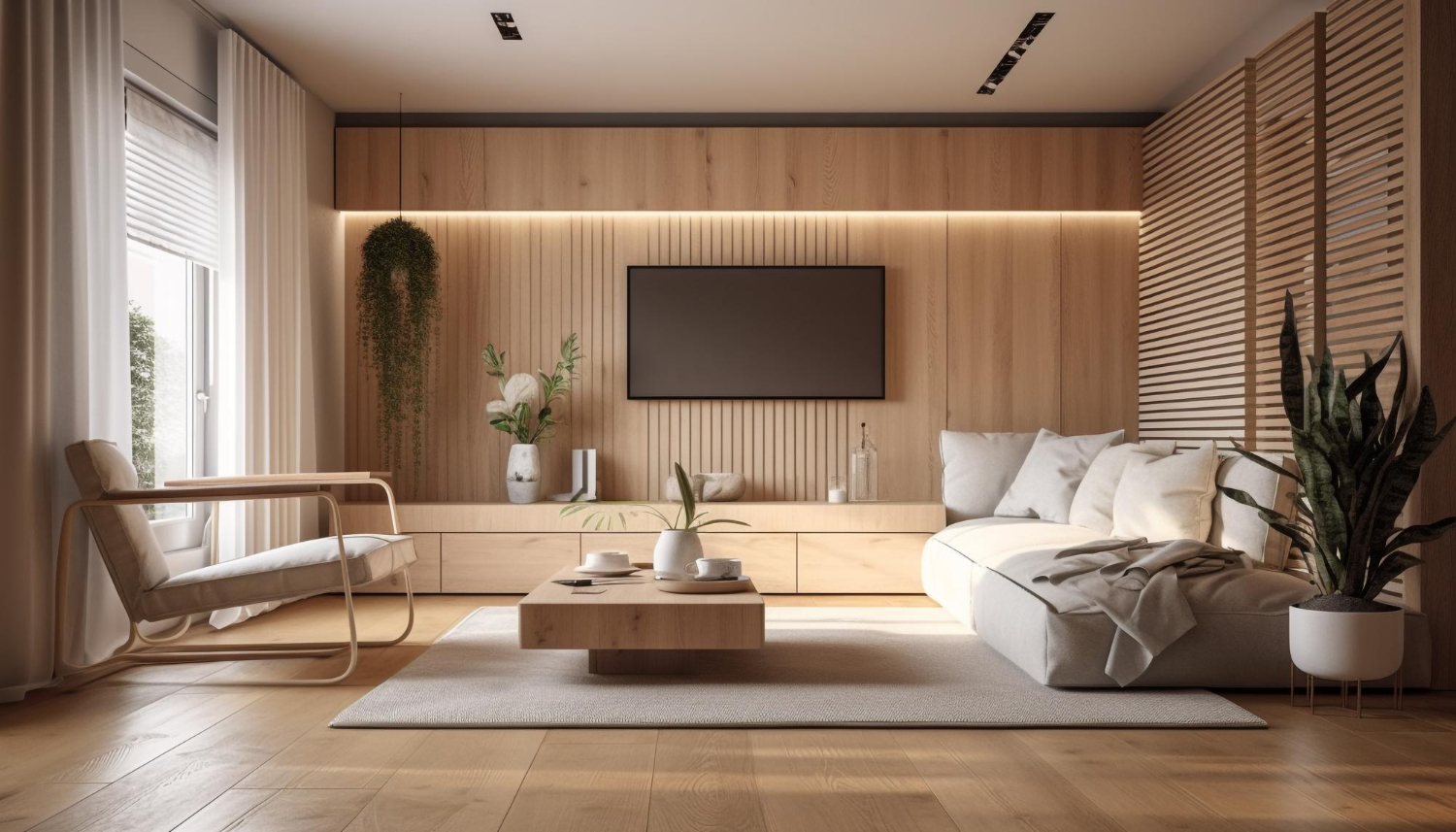 apartamento moderno con suelo y paredes de madera